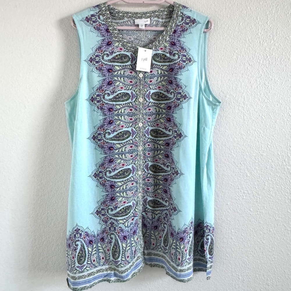 NWT J. Jill Womens Paisley Floral Sleeveless Tunic Top Aqua Blue Petite Large